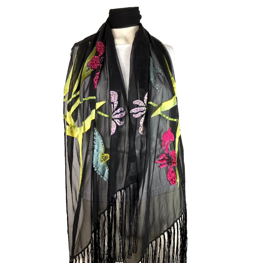 Sue Wong Noctourne Chiffon & Cut Silk Floral Bird Scarf Black
